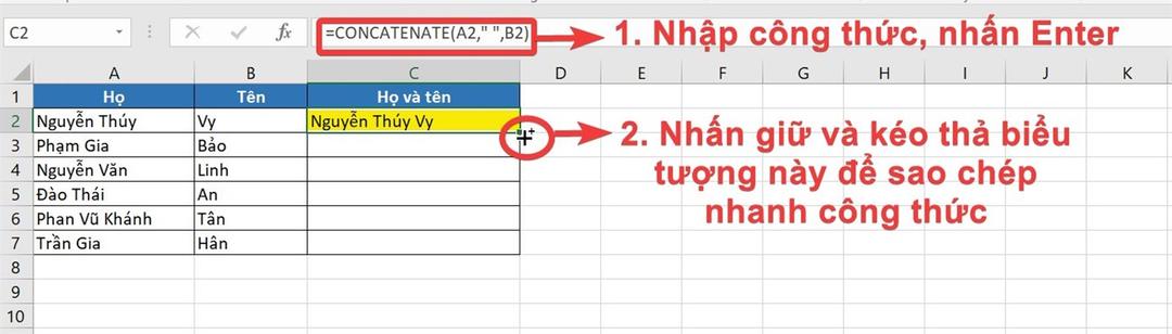 Cách sử dụng hàm CONCATENATE để nối chuỗi trong Excel